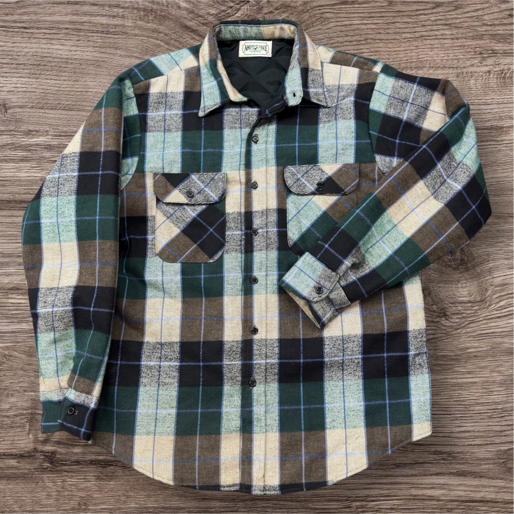 Vintage American Eagle Mens Plaid Flannel Quilted Shirt Jacket Green Large USA